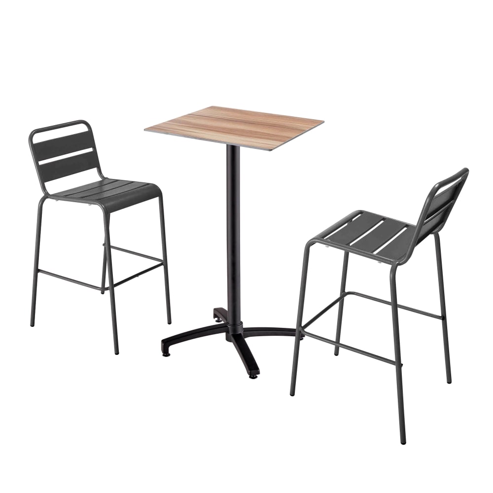 Ensemble table haute stratifié chêne foncé et 2 chaises hautes gris