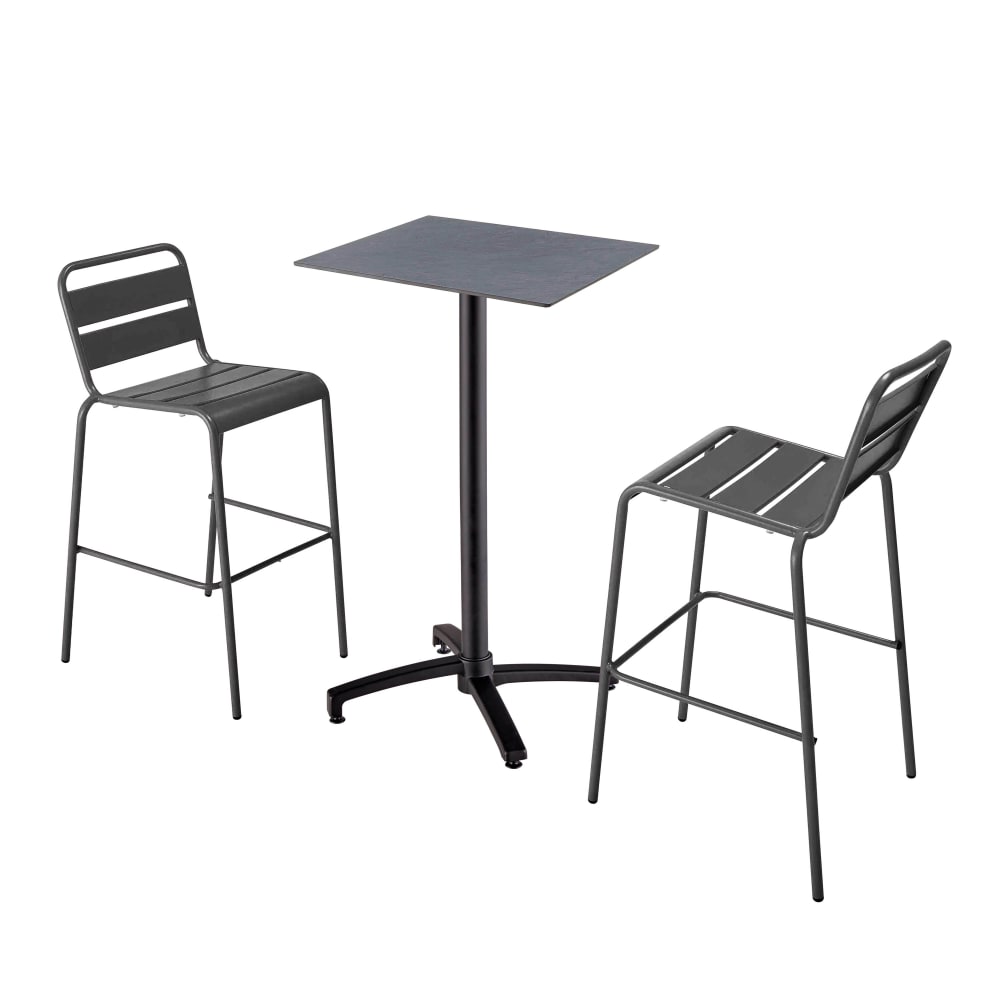 Ensemble table haute stratifié gris et 2 chaises hautes gris