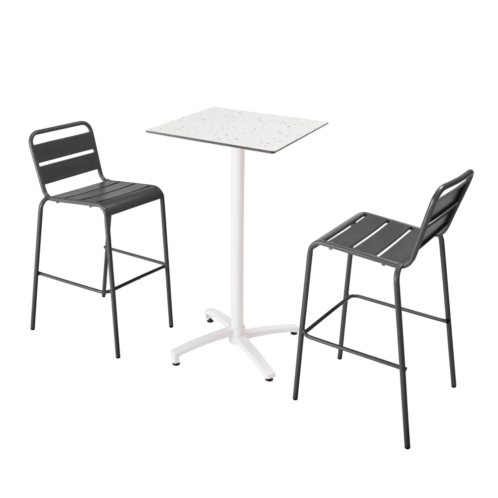 Ensemble table haute stratifié terrazzo et 2 chaises gris