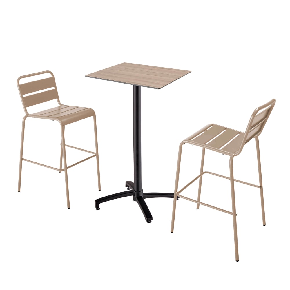 Ensemble table haute stratifié chêne et 2 chaises hautes taupe