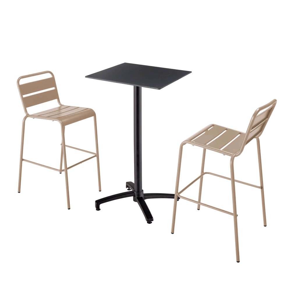 Ensemble table haute stratifié noir et 2 chaises hautes taupe