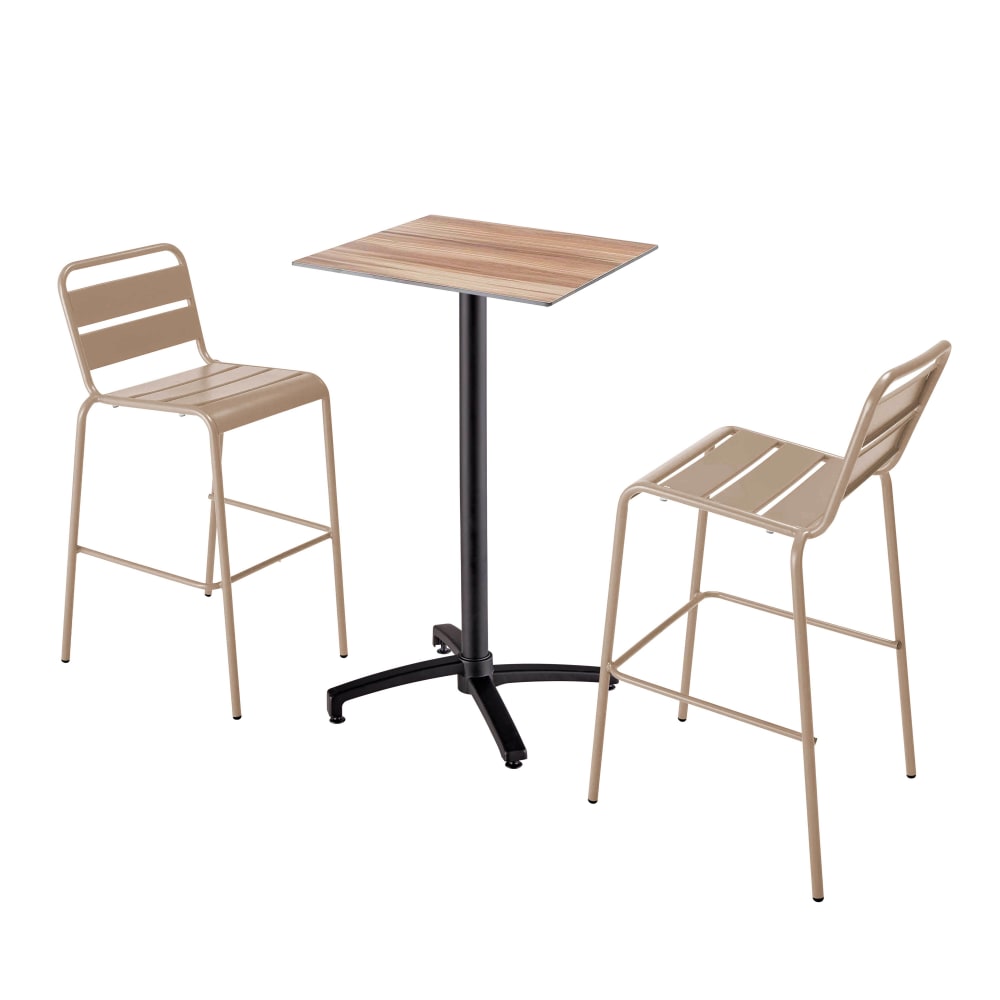 Ensemble table haute stratifié chêne foncé et 2 chaises hautes taupe