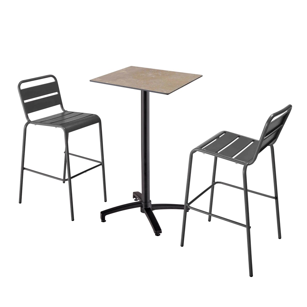 Ensemble table haute stratifié marbre beige et 2 chaises hautes gris