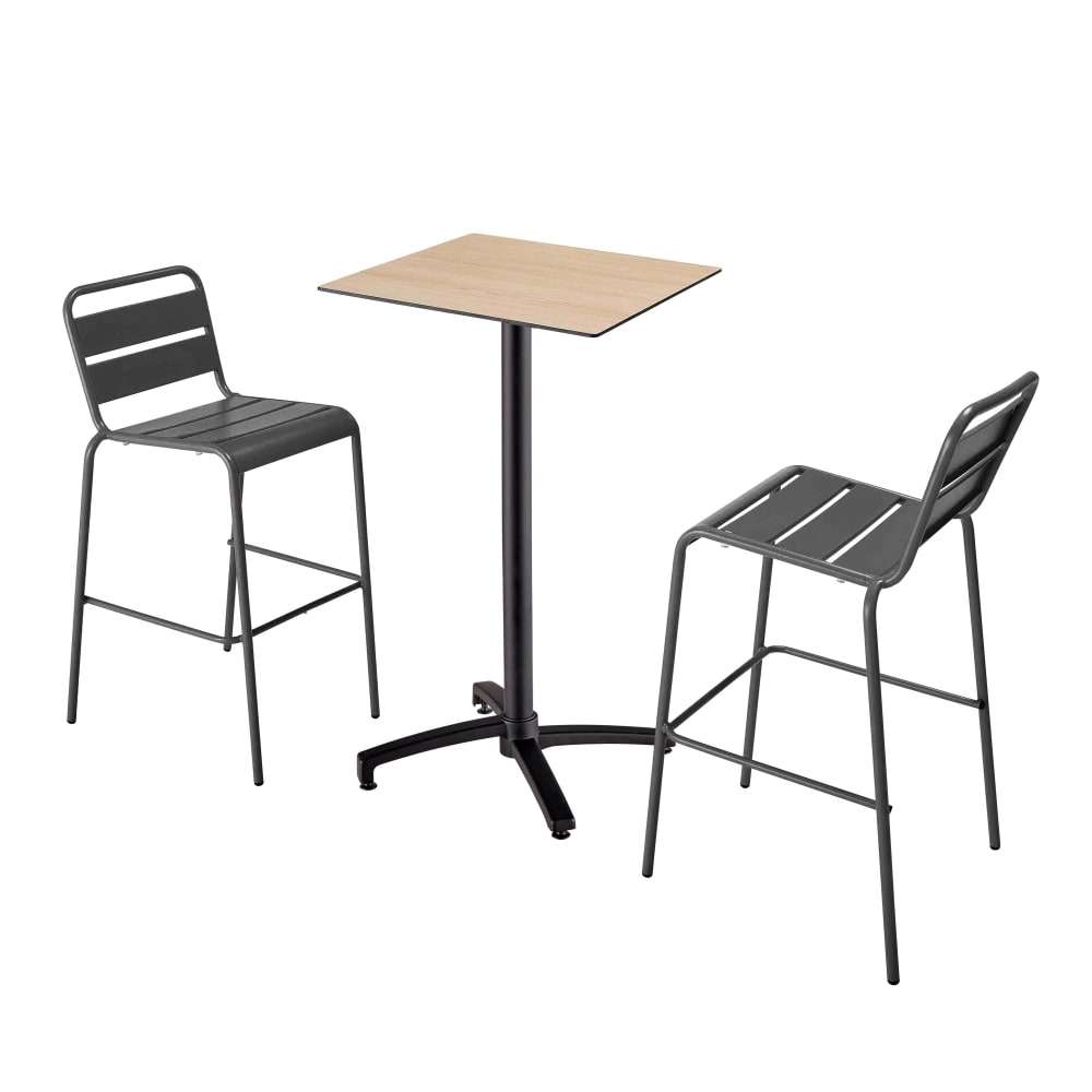 Ensemble table haute stratifié chêne et 2 chaises hautes gris