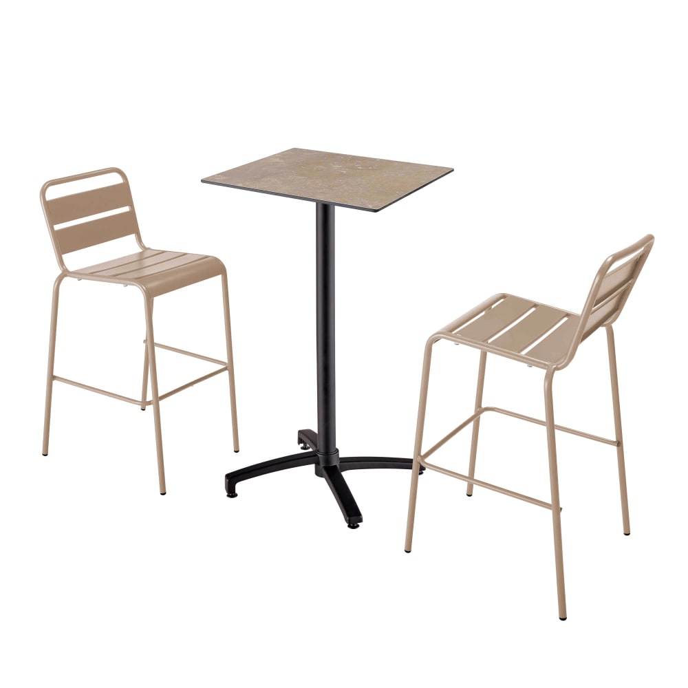 Ensemble table haute stratifié marbre beige et 2 chaises hautes taupe