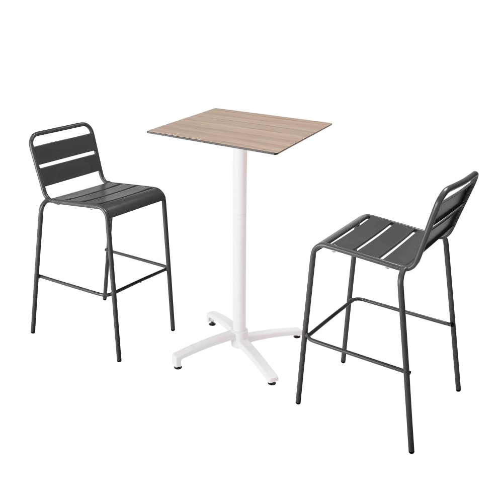Ensemble table haute stratifié chêne clair et 2 chaises hautes gris