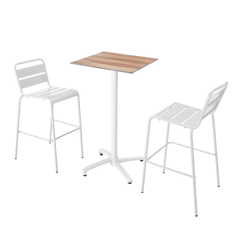 Ensemble table haute stratifié chêne foncé et 2 chaises hautes blanc