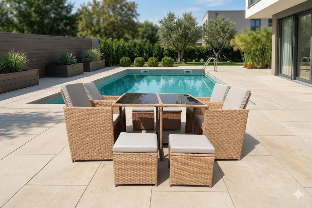 Salon de jardin encastrable résine tressée naturel 8 places