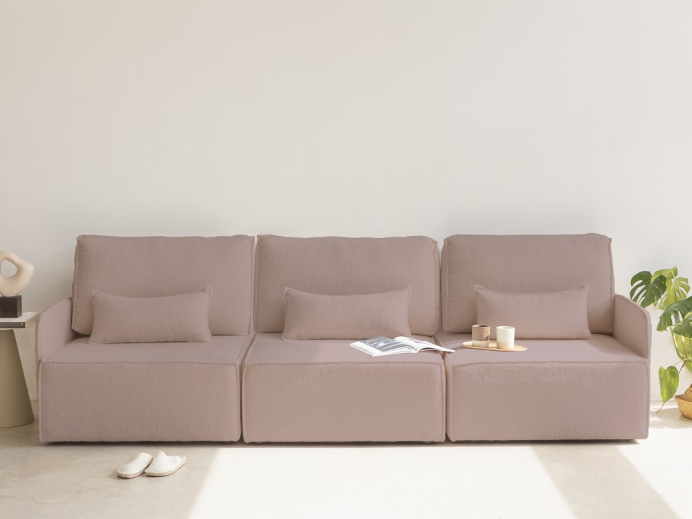 Canapé 3 places chaise longue en bouclé et en pin Rose clair - Maisons du Monde
