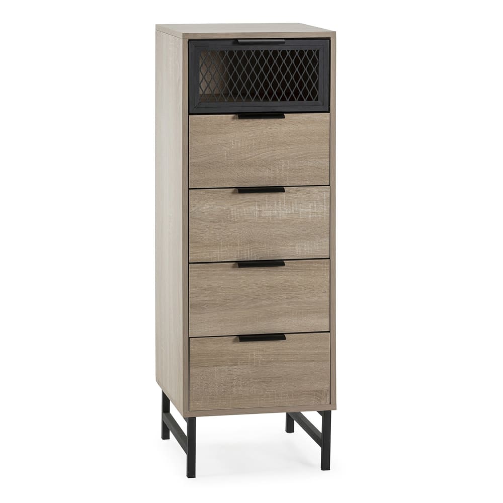 HOMN Hohe Kommode 4 Schubladen, 1 Tür, Holzfarbe style industrial Braun Spanplatte