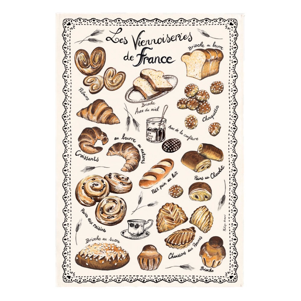 Torchon les viennoiseries françaises en coton ecru 48 x 72 cm