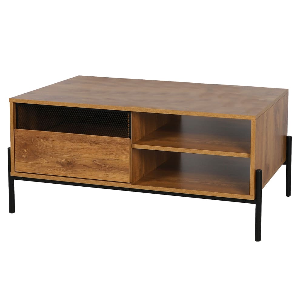 Table basse bois et métal noir étagères et placard 100x55x45cm