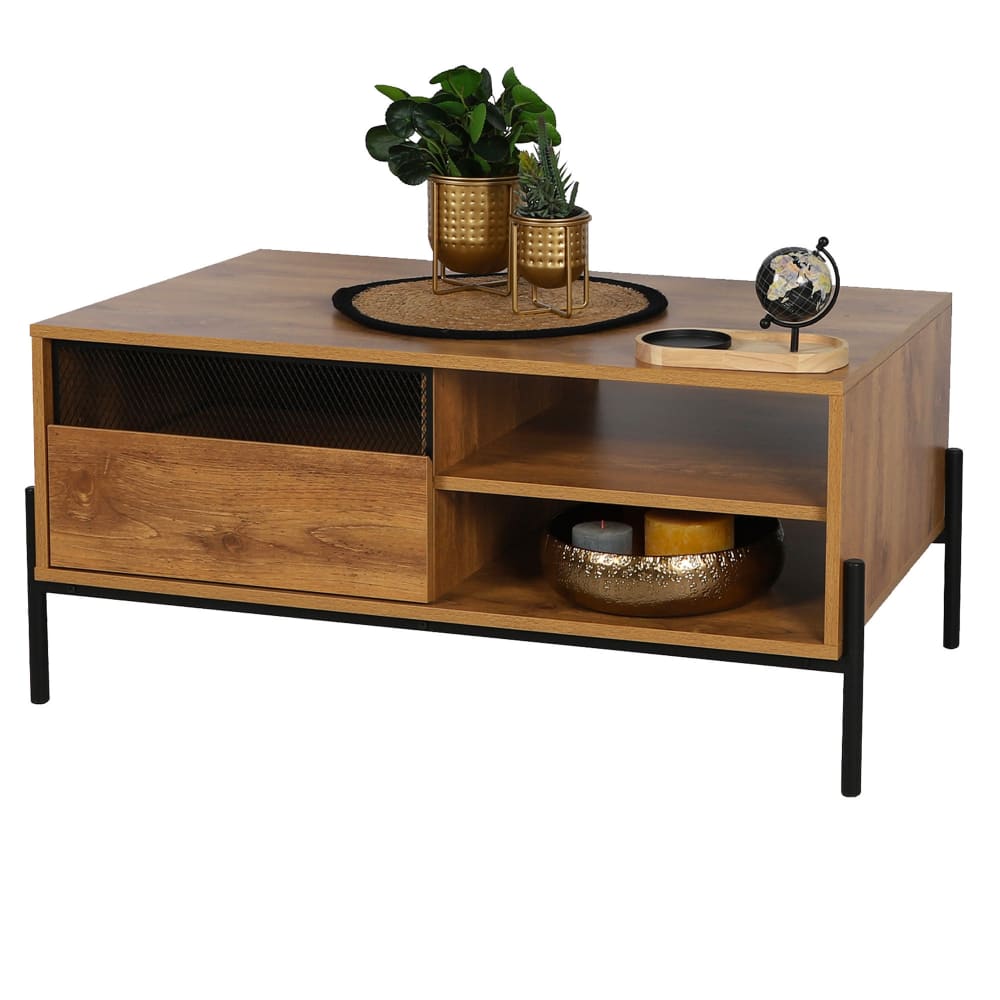 Table basse bois et métal noir étagères et placard 100x55x45cm