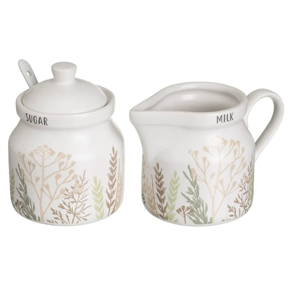 Sucrier + pot à lait en céramique blanche motif herbes Sucrier + pot à lait en céramique blanche motif herbes