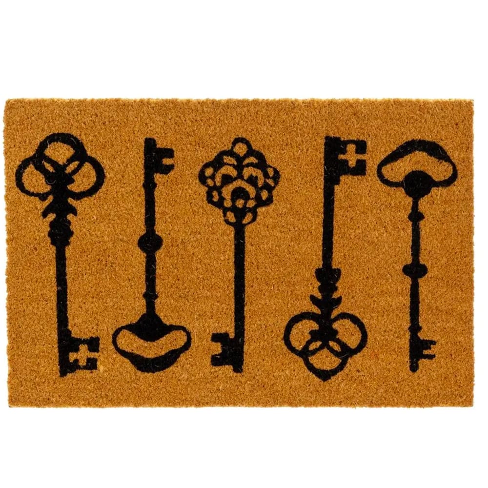 WADIGA Paillasson en coco motifs clés. Dimensions: 60x40x1.5cm Matière: Coco Couleur: Noir et marron