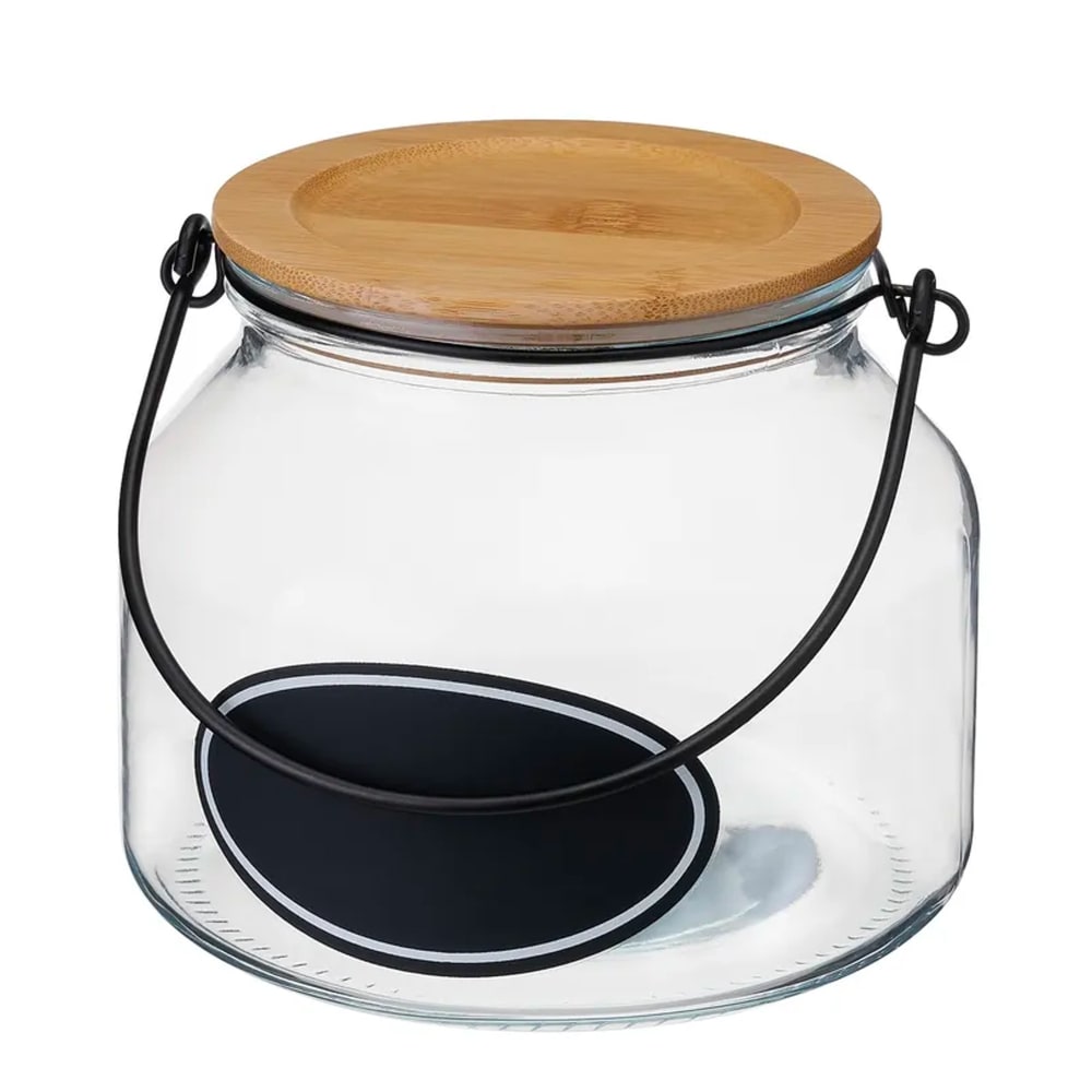 Bocal cuisine avec étiquette en verre et bouchon bambou 16x16x14cm