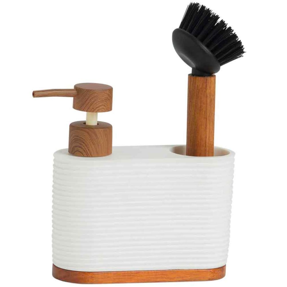 Wadiga Distributeur liquide vaisselle + brosse polypropylène blanc et acacia - Pvc - Poly Chlorure De Vinyle