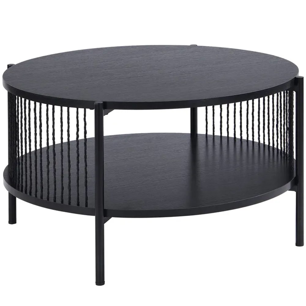 Table basse noire en bois, métal et corde 74x74x41cm