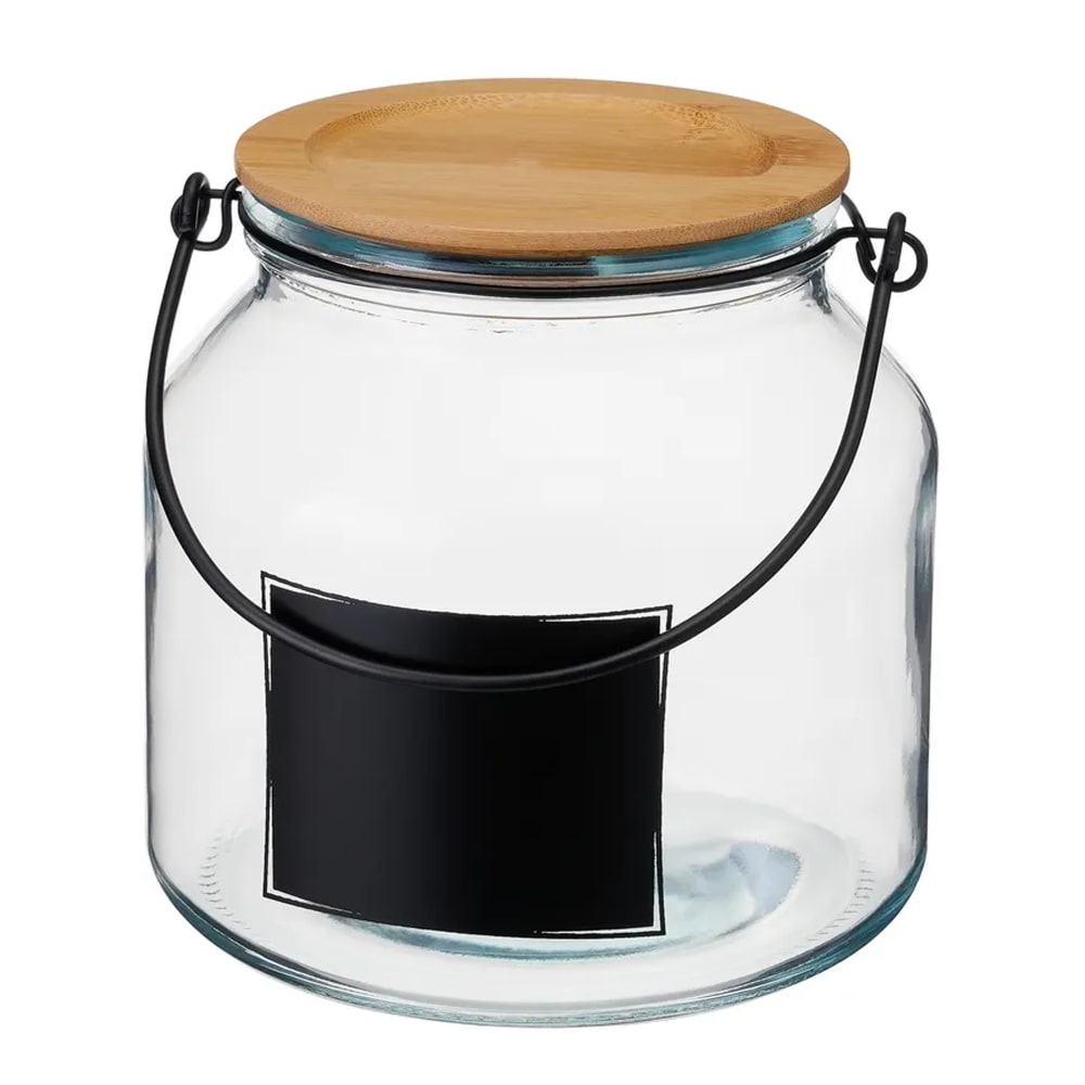 Bocal cuisine avec étiquette en verre et bouchon bambou 16x16x17cm