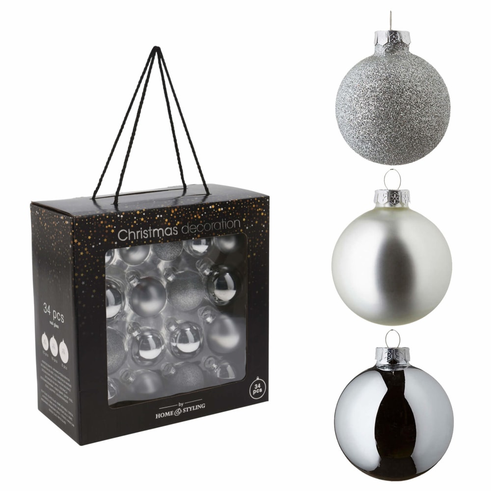 Set de 34 bolas para árbol de navidad surtidas en vidrio color plata