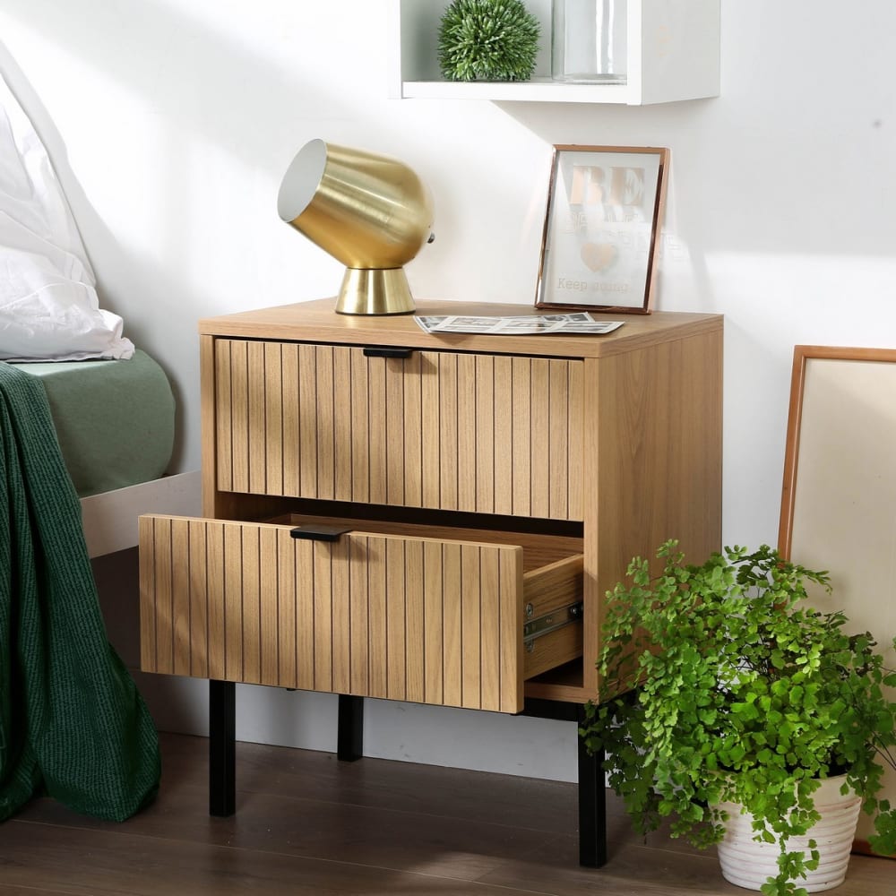 Table de Chevet 2 Tiroirs Effet Lattes de bois - H51 cm