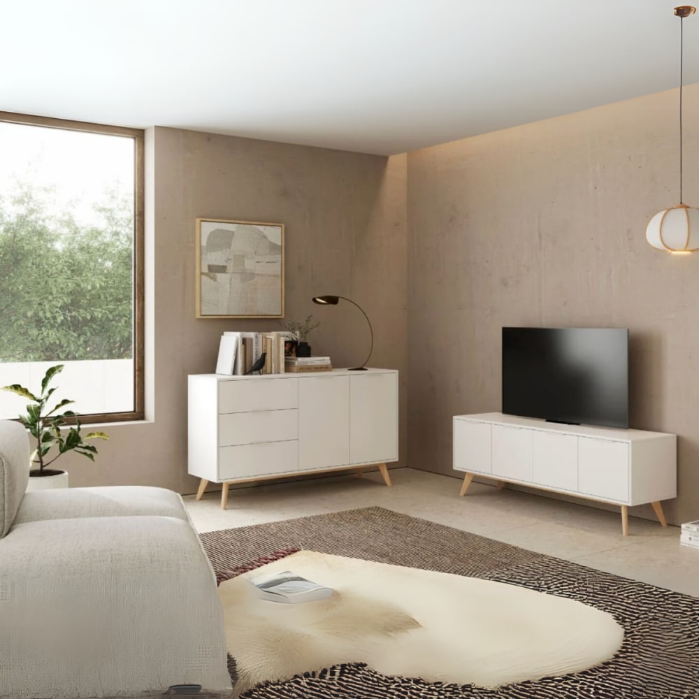 Meuble TV 4 portes blanc et pin massif - L140 cm