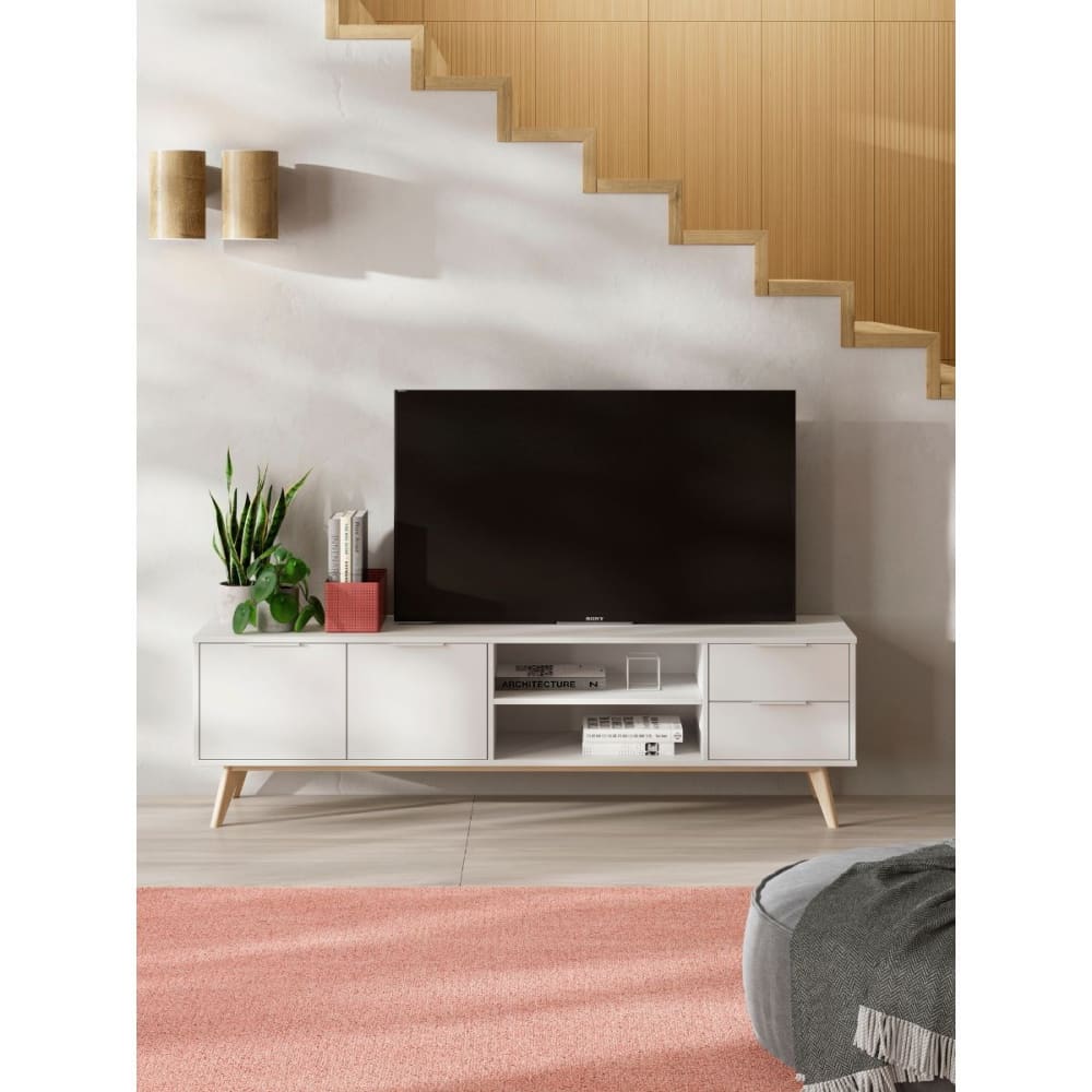 Meuble TV 2 portes, 2 tiroirs, 2 niches blanc et pin massif - L180 cm - Maisons du Monde