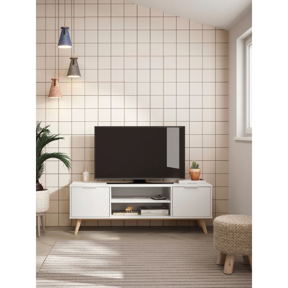 Meuble TV 2 portes 2 niches blanc et pin massif - L140 cm