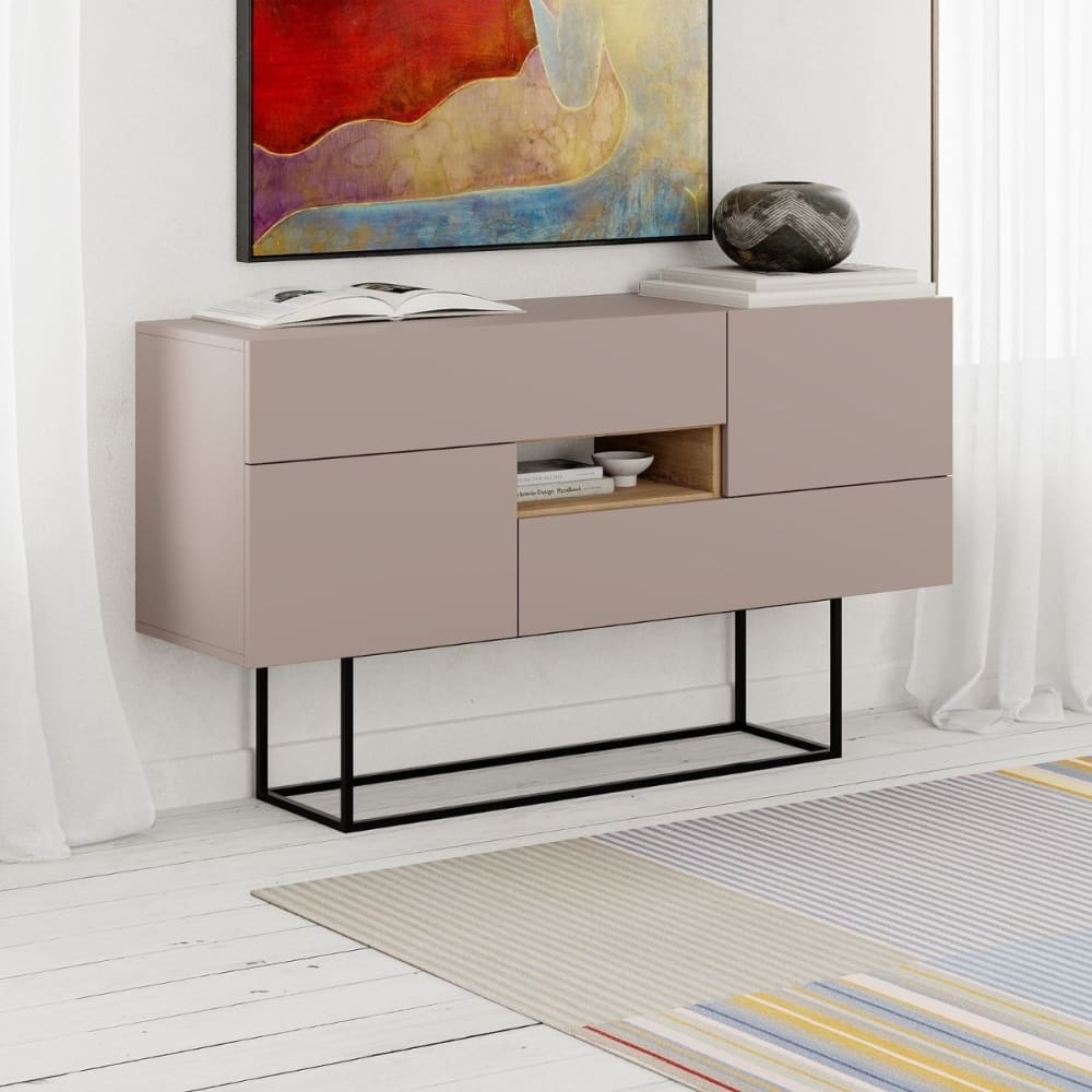 Buffet 2 portes, 2 tiroirs avec pieds métal L145 cm - Couleur moka