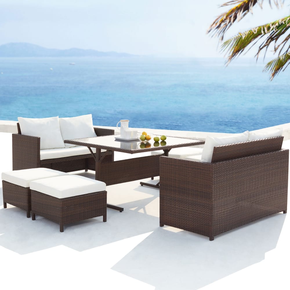 Salon de jardin encastrable 8 places en résine marron- blanc