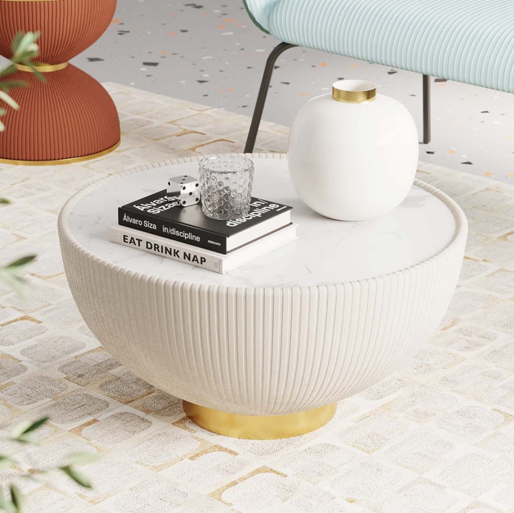 Table basse en simili cuir beige et pierre blanche d71 - Maisons du Monde