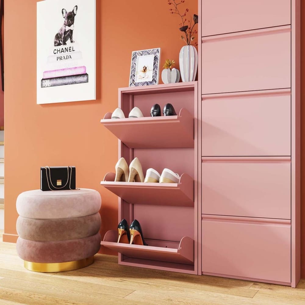 Casier à chaussures 3 tiroirs en acier rose