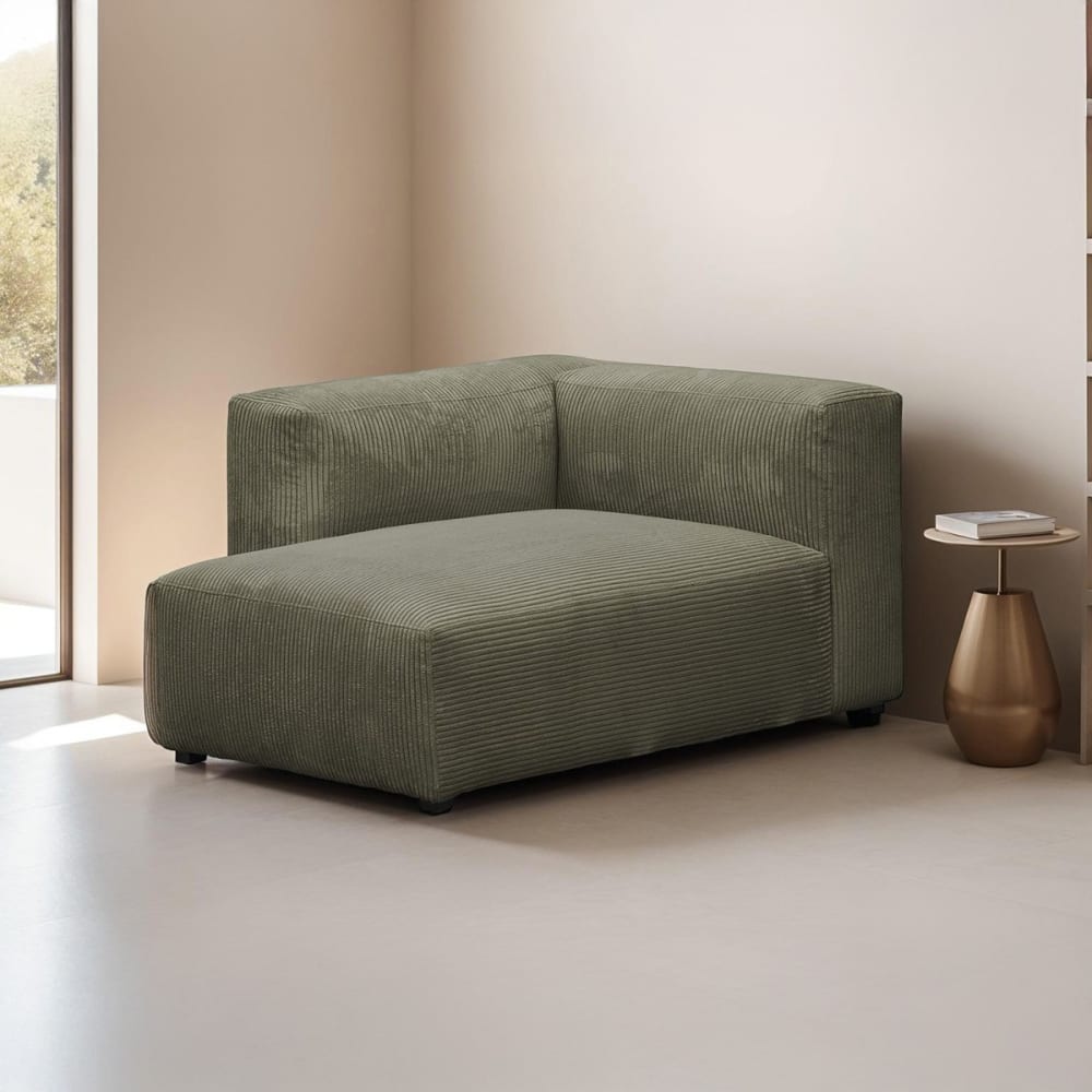 Méridienne d'angle à gauche modulable en velours côtelé vert kaki