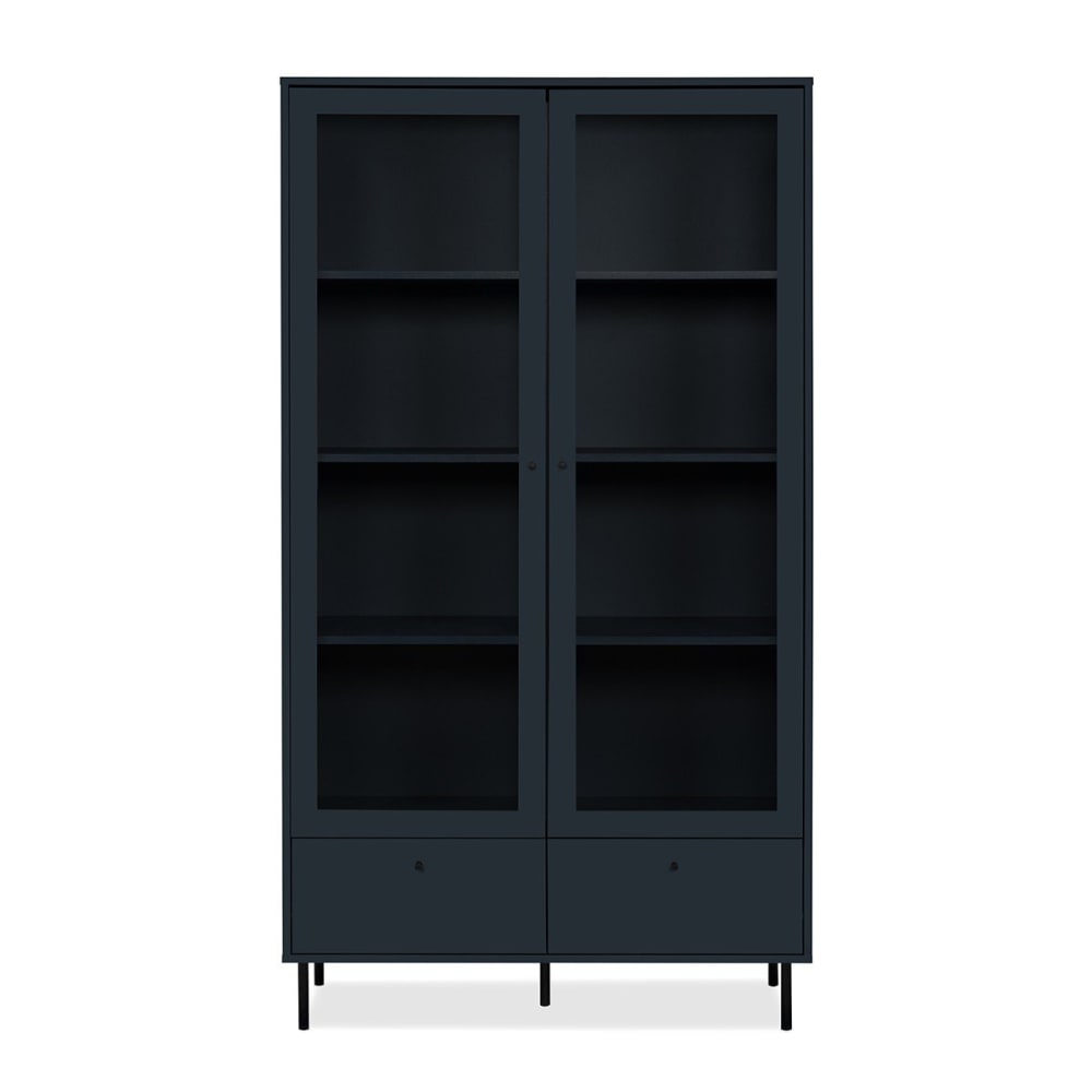 Calicosy Vitrine 2 Glastüren und 2 Schubladen Marineblau H183 cm - BOGOTA style industrial - Spanplatte