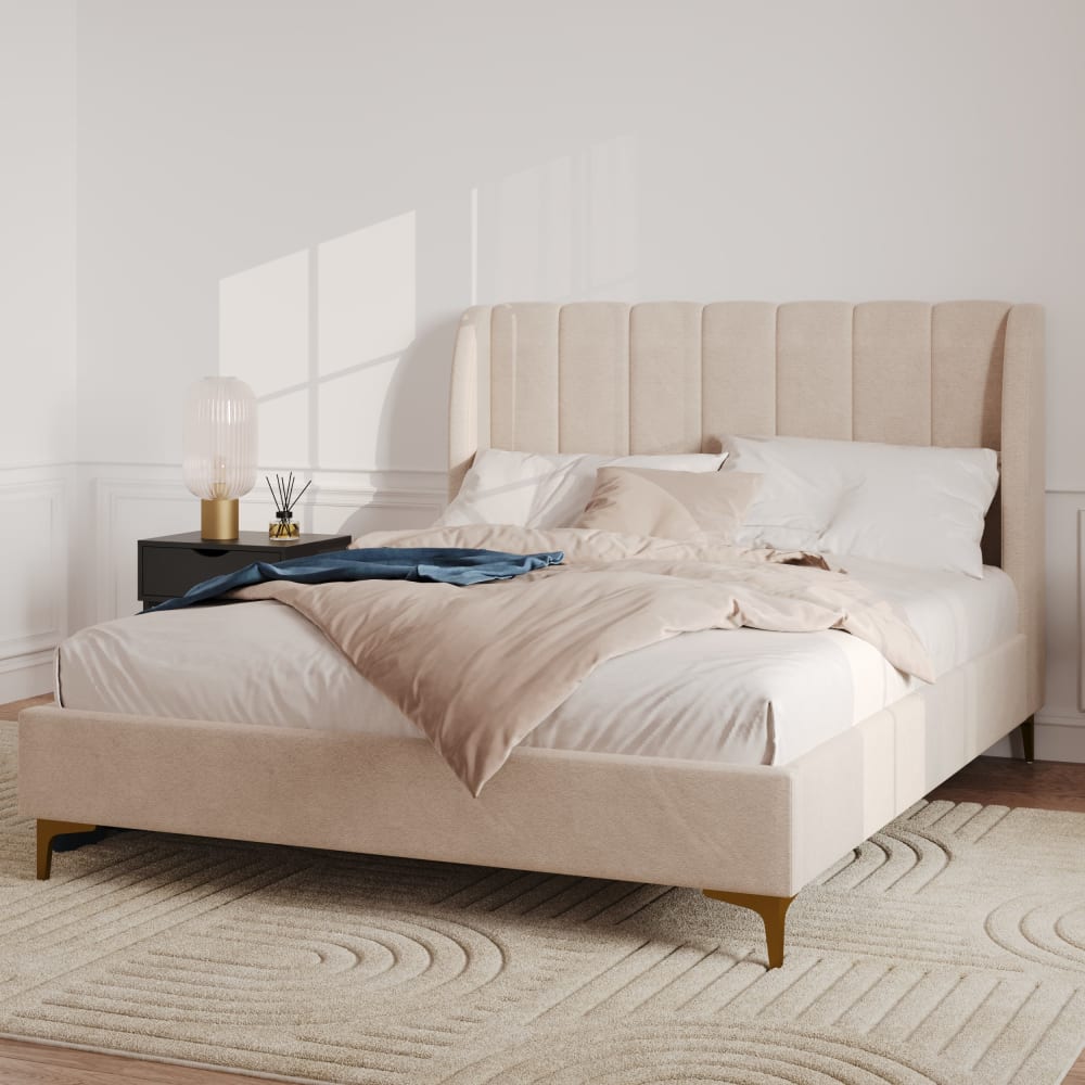 Lit double 140x190 cm en tissu beige et pieds dorés - Maisons du Monde