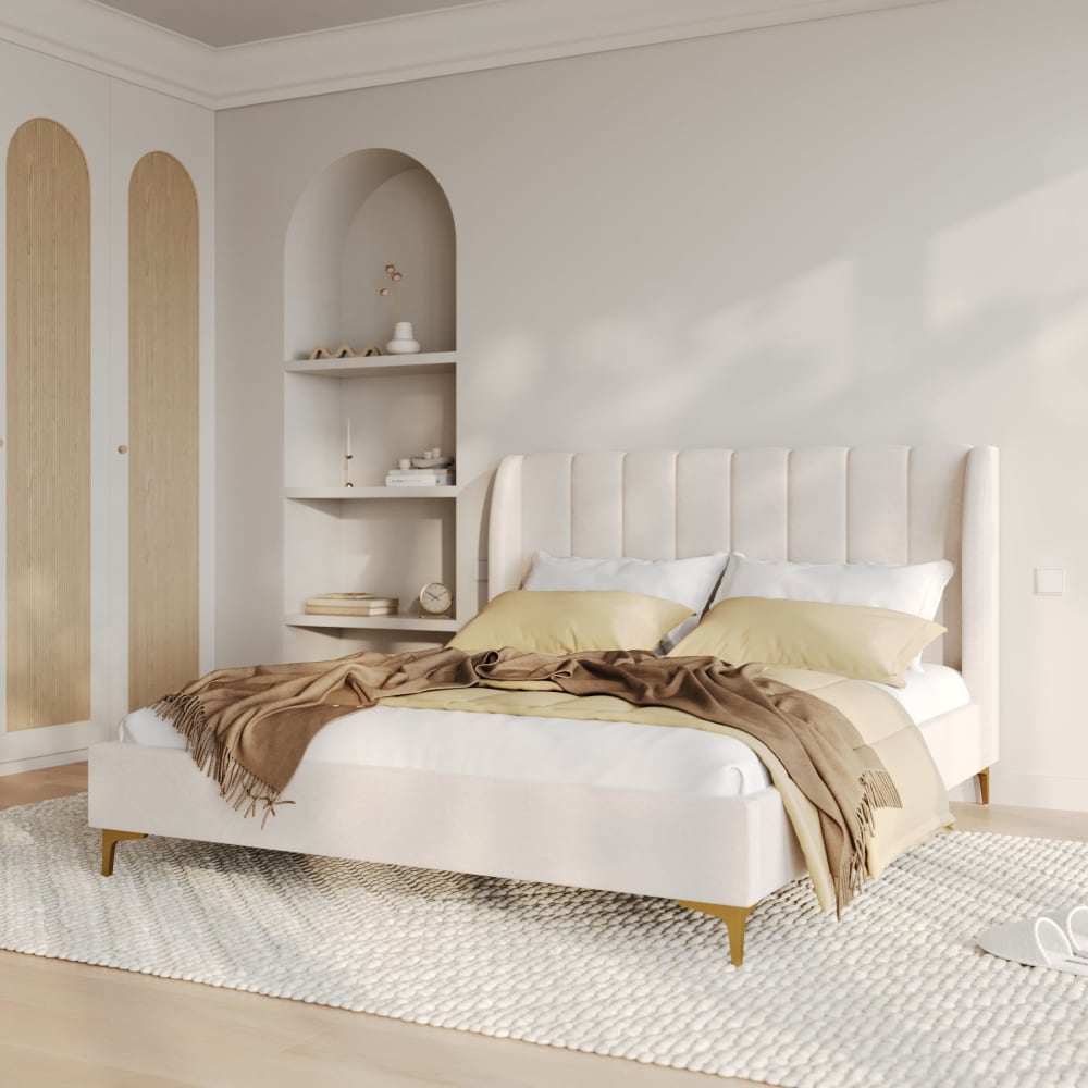 Lit double 160x200 cm en tissu beige et pieds dorés - Maisons du Monde