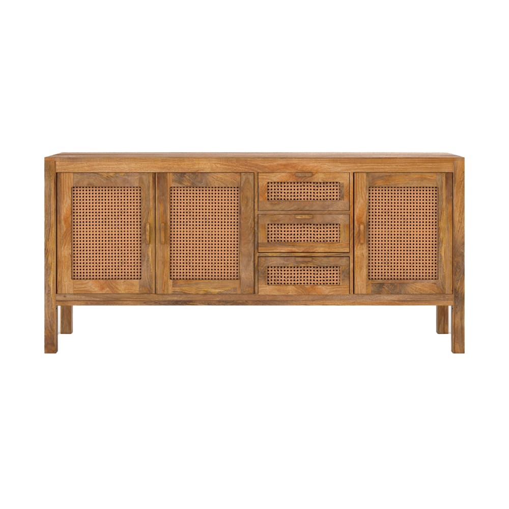 Buffet 3 portes et 3 tiroirs en bois de manguier et cannage