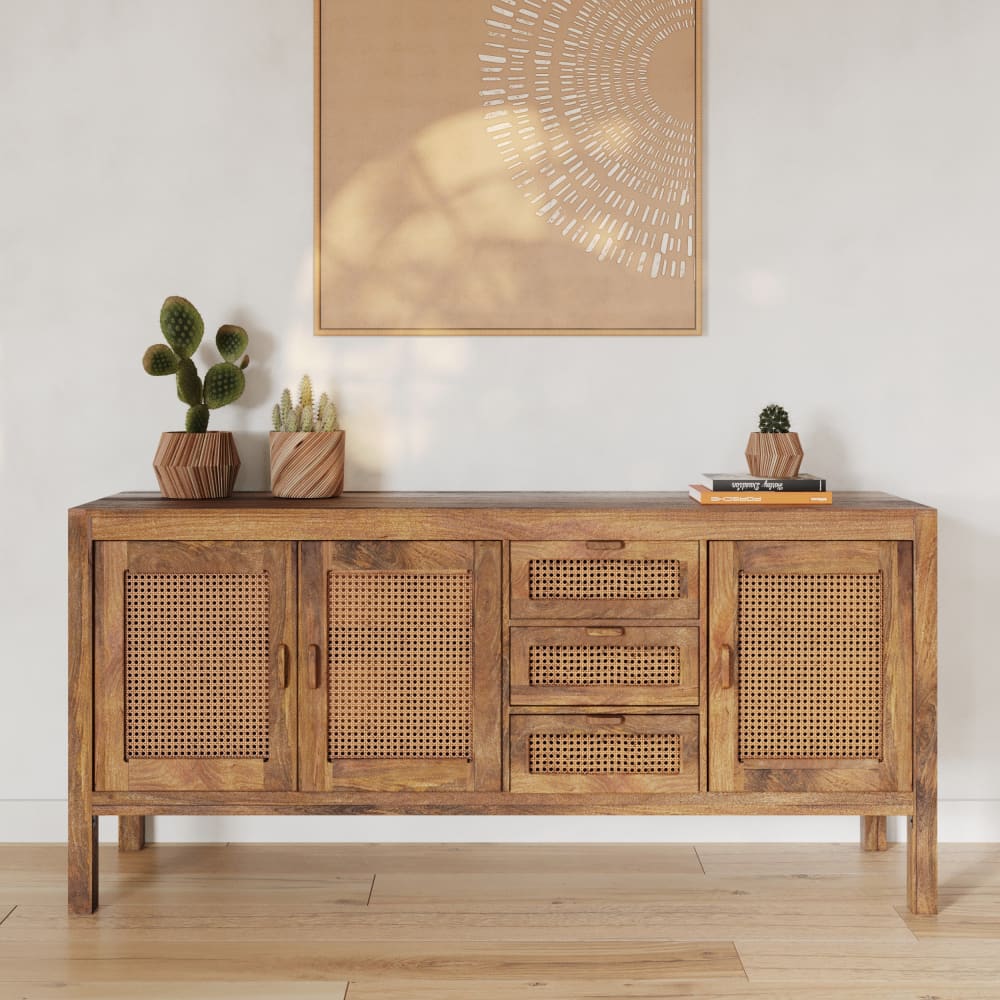 Buffet 3 portes et 3 tiroirs en bois de manguier et cannage - Maisons du Monde
