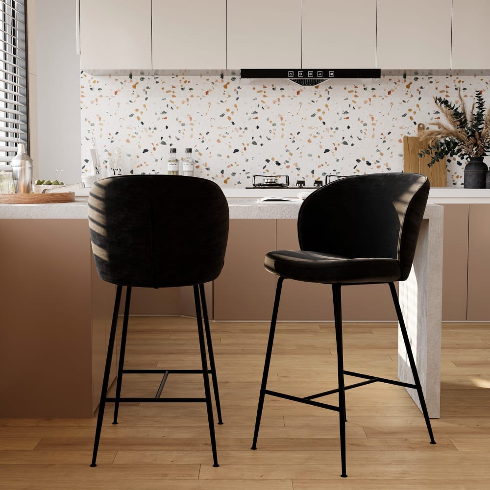 Lot de 2 chaises pour îlot central 66 cm en tissu bouclé noir