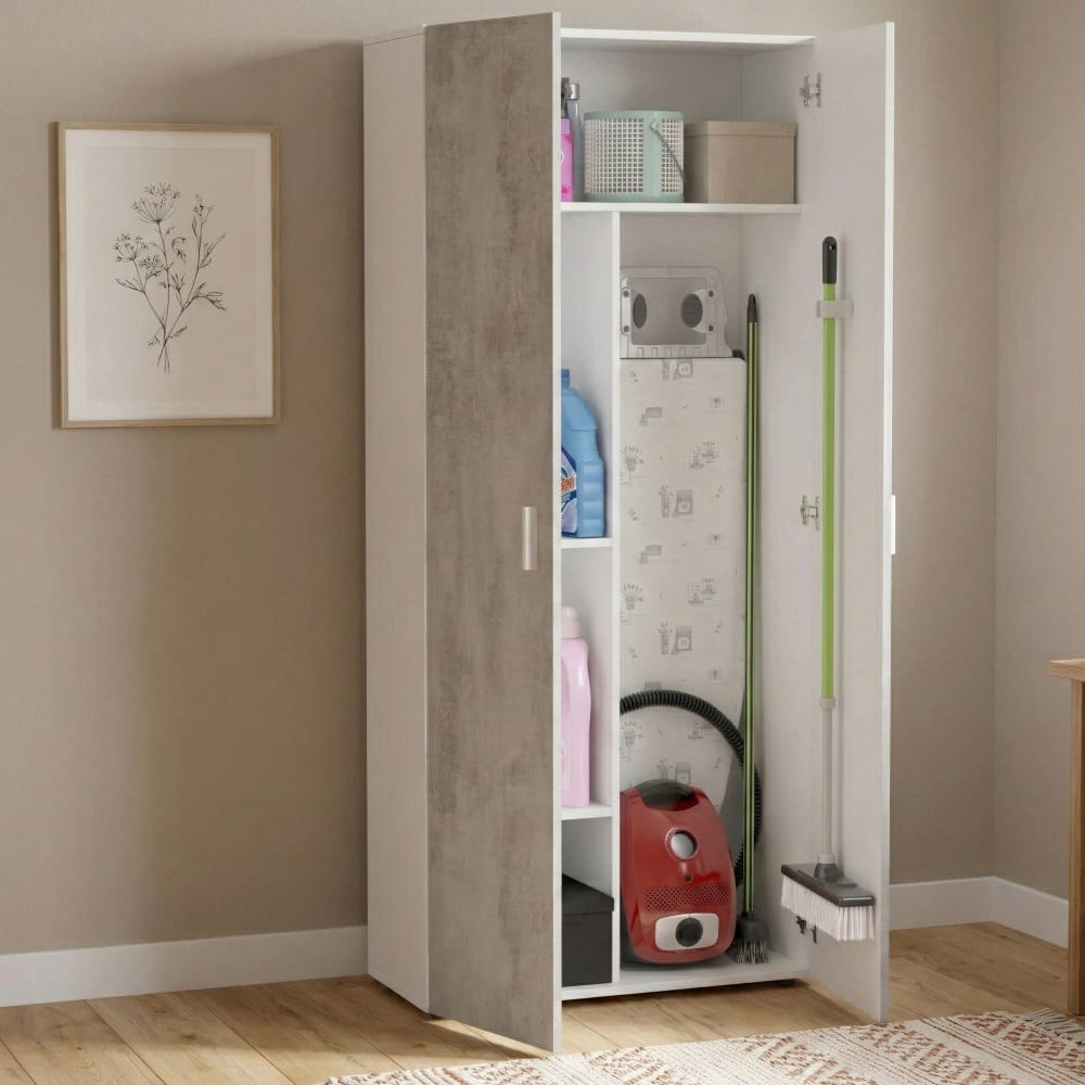 Armoire polyvalente à 2 portes effet bois ciment, blanc 191x37 cm - Maisons du Monde