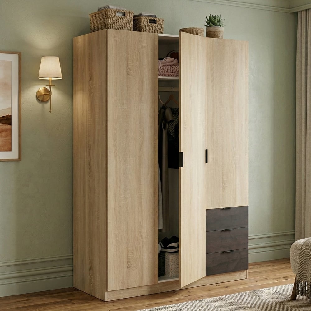 Armoire 3 portes effet bois beige 121 x52 cm - Maisons du Monde
