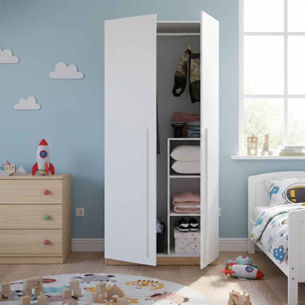 Armoire 2 portes effet bois beige, blanc 210x52h200 cm - Maisons du Monde