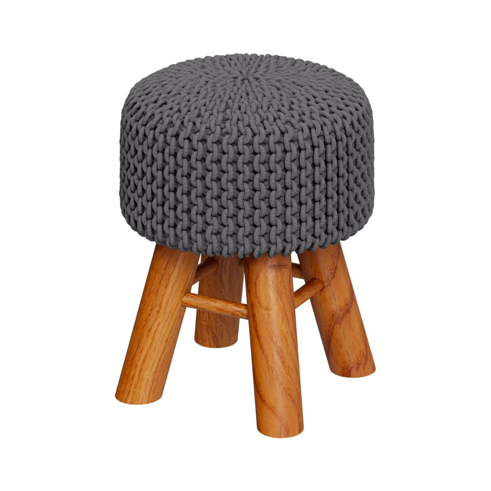 Petit tabouret rond en tricot coton gris foncé et pieds en bois