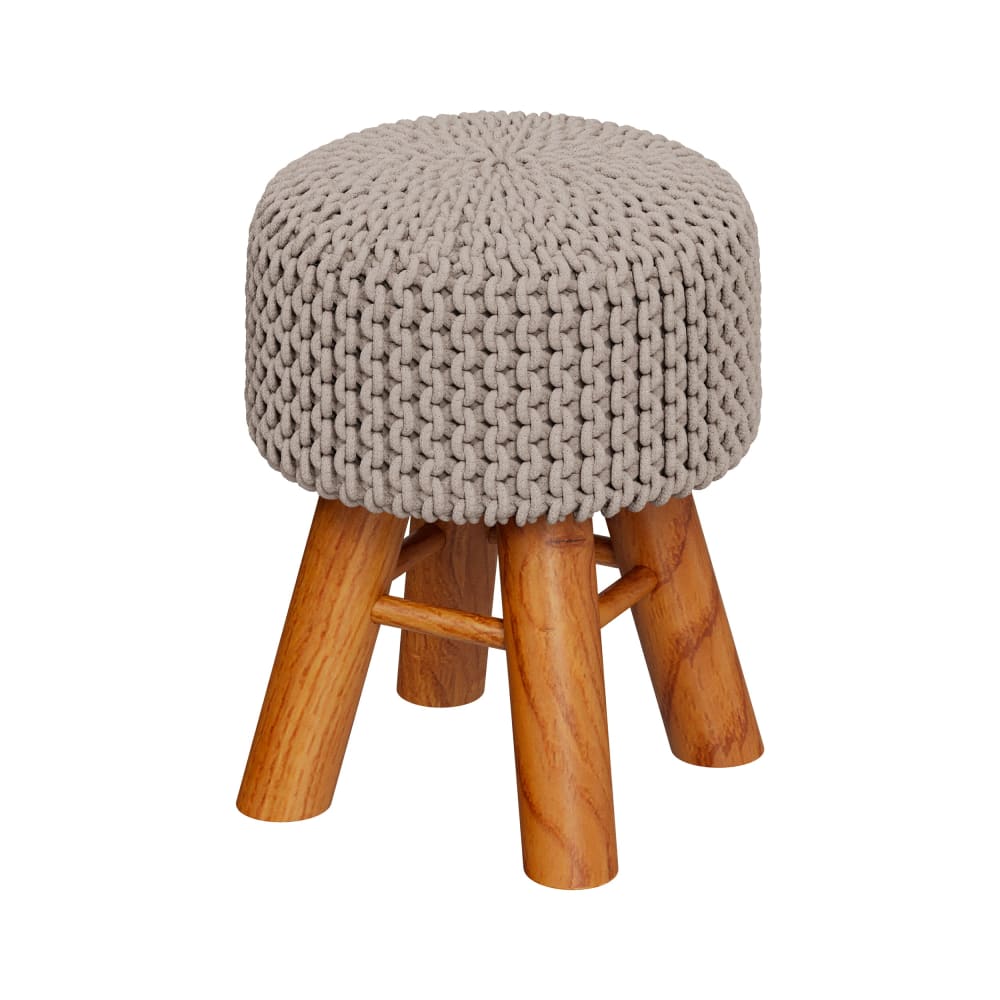 Maison Pavane Petit tabouret rond en tricot coton gris clair et pieds en bois style inspirations d'ailleurs Gris Tissu - 30x40x30cm