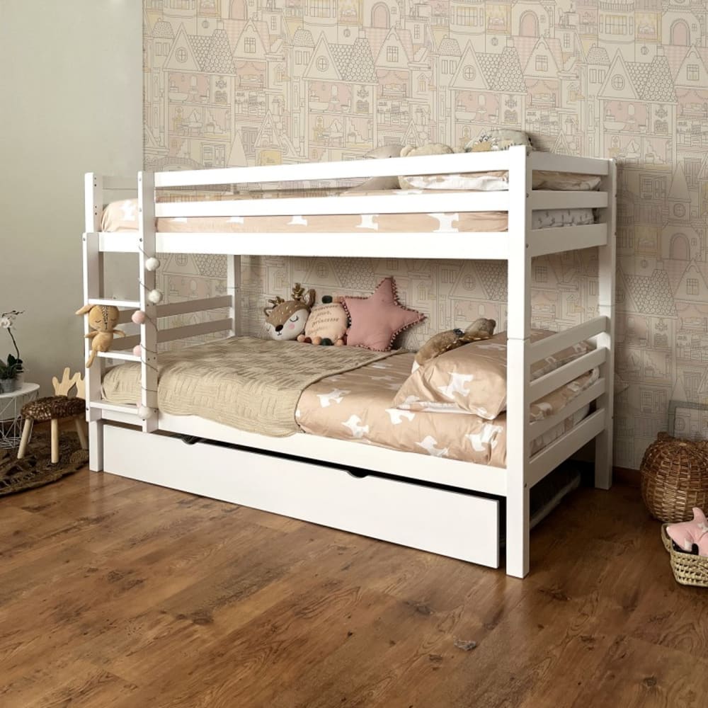 Lit superposé + lit pieds pliants bois blanc 90x195cm