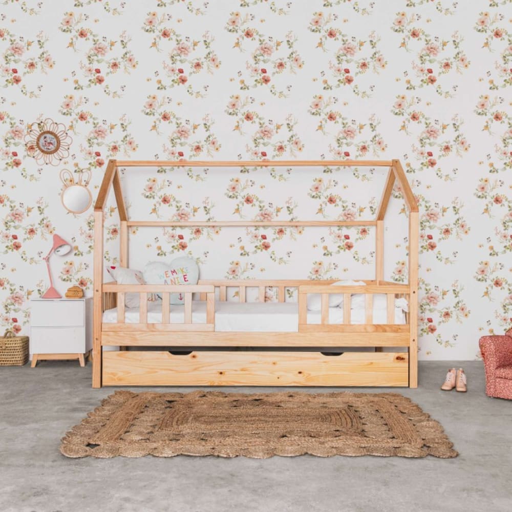 Lit cabane avec barrièrre + 2 tiroirs bois pin 90x190cm