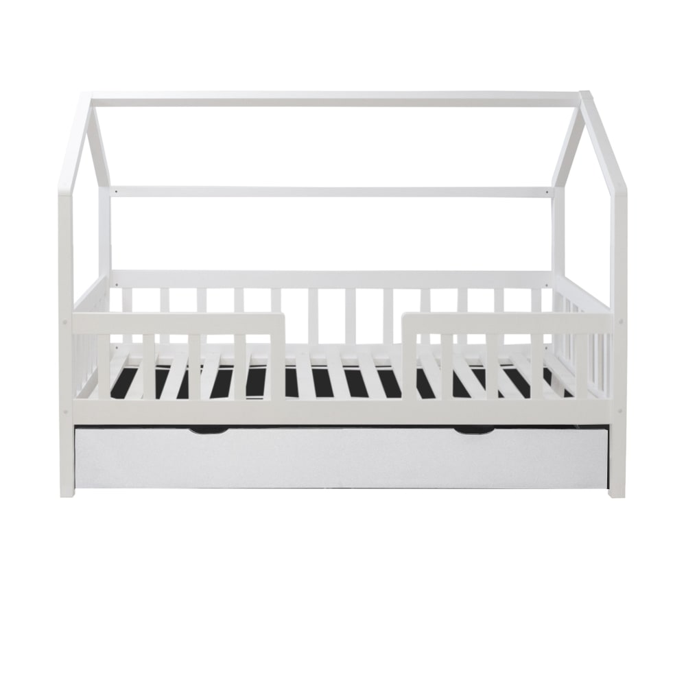 MueMue - Lit cabane avec barrièrre + tiroir de rangement en bois blanc 90x190cm
