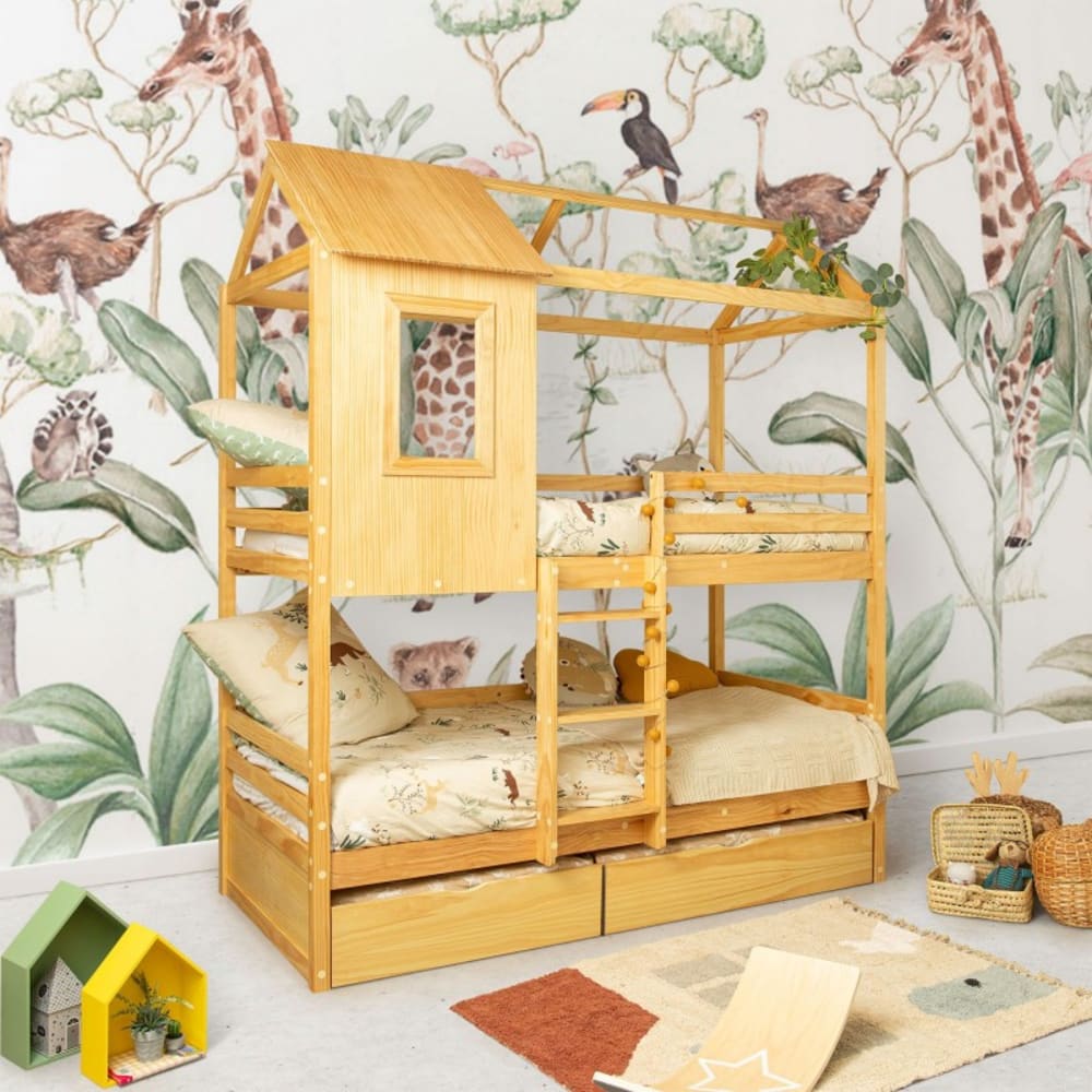MueMue Etagenbett + 2 Schubladen Holz Kieferfarbe 90x190/90x190cm BEIGE HOLZ Baby