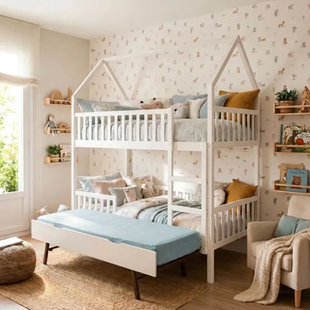 Etagenbett Häuschen + Stapelbett Holz weiß 90x190/90x190cm -