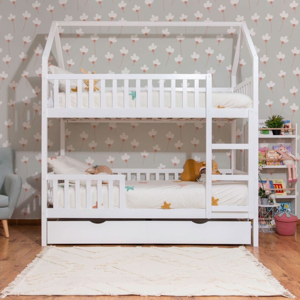 Lit superposé cabane + lit pieds pliants bois blanc 90x190/90x190cm